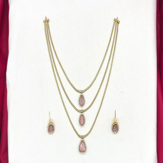Premium Three layered AD Stones With Baby-Pink stone Necklace