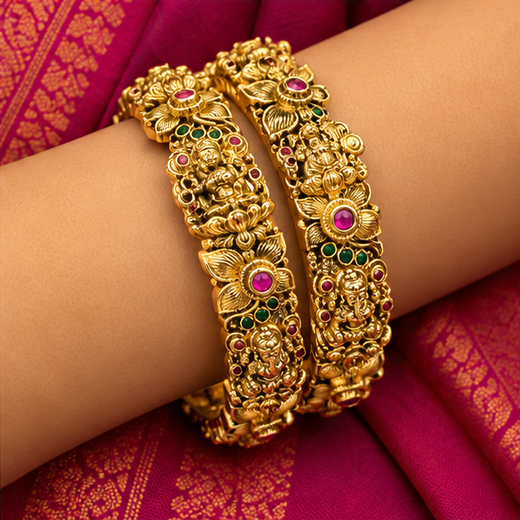 Matte Finishing Floral Motifs With Lord Lakshmi Stones Accents - Image 4