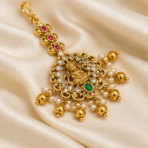 Matte Finishing White Stones With Golden Balls Maang Tikka - Image 3