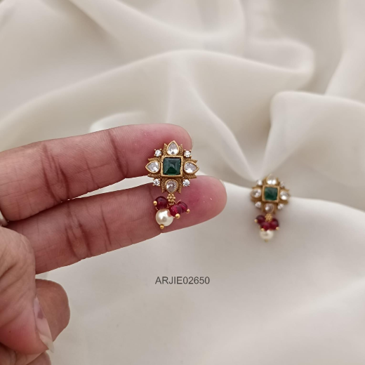 Jadau Kundan with white pearls and Purple drop Earring - Image 2