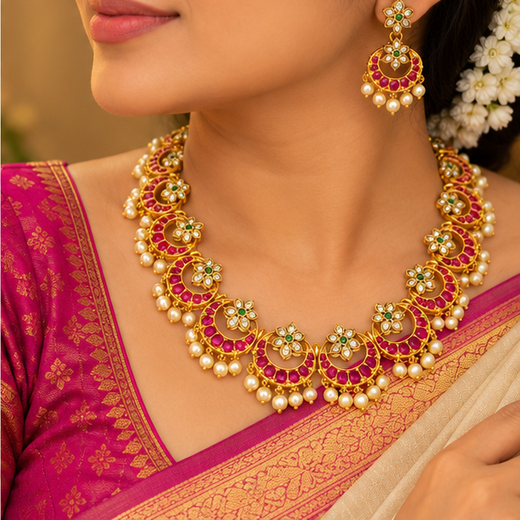 Gold Plated Long Classic Chandbali Necklace Set - Image 4