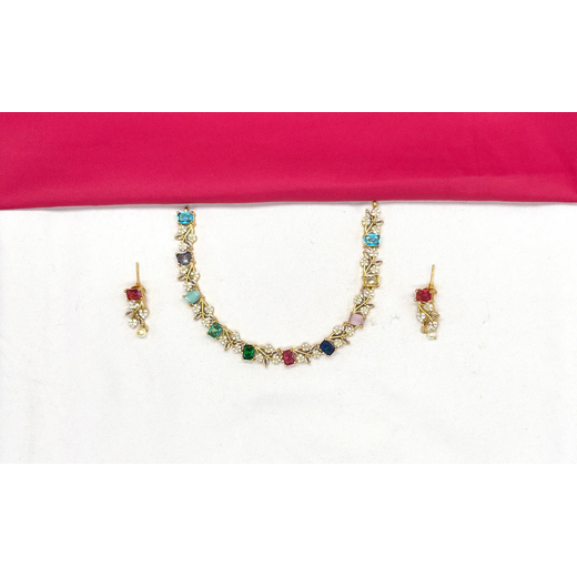 Matte finishing Multi-stones with American Diamonds Short Necklace
