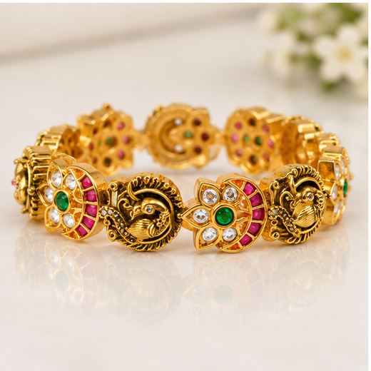 Matte Finishing Peacock And Floral Motifs Adorned With White,Green And Pink Stones - Image 3