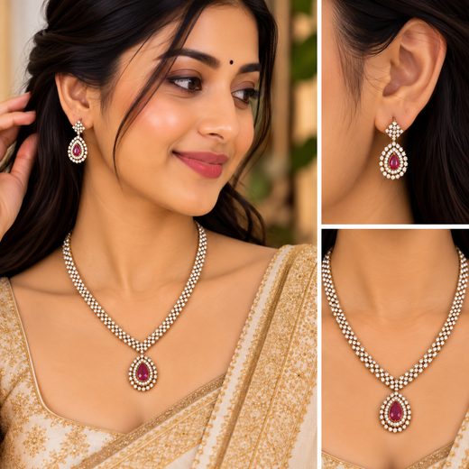 Victorian finishing American Diamonds with Central Red Stone Short Necklace - Image 4