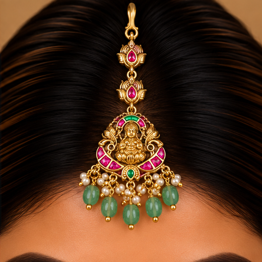 Jadau Kundan Finishing Lord Lakshmi With Green Beads Maang Tikka - Image 4