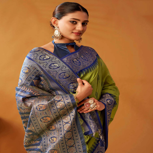 Lime Green Silk Woven Kanjivaram Saree - Image 2