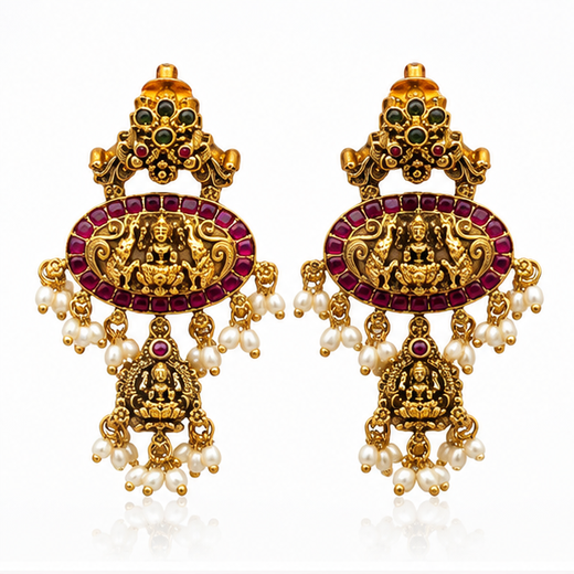 Nakshi Finishing Kempu Stones With Lord Lakshmi Rce Pearl’s Earring