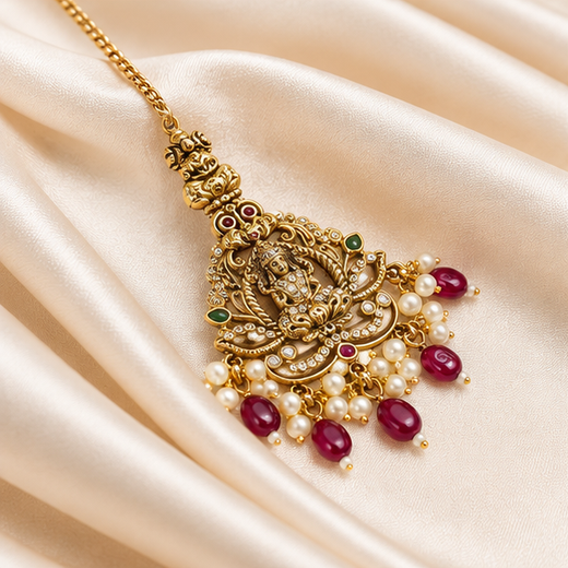 Matte Finishing American Diamonds Lord Lakshmi Red Beads Maang Tikka - Image 3