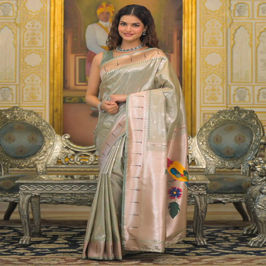 Mint Green Silk Woven Paithani Saree