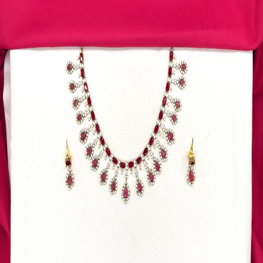 Victorian finishing American Diamond and Red stones Short Necklace - Image 2