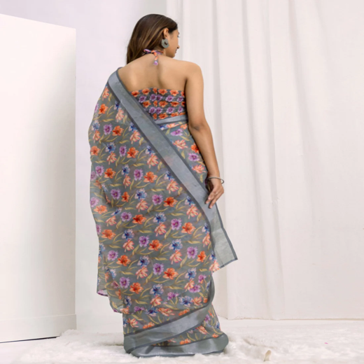 Ready To Wear Grey Linen Printed Saree - Image 4