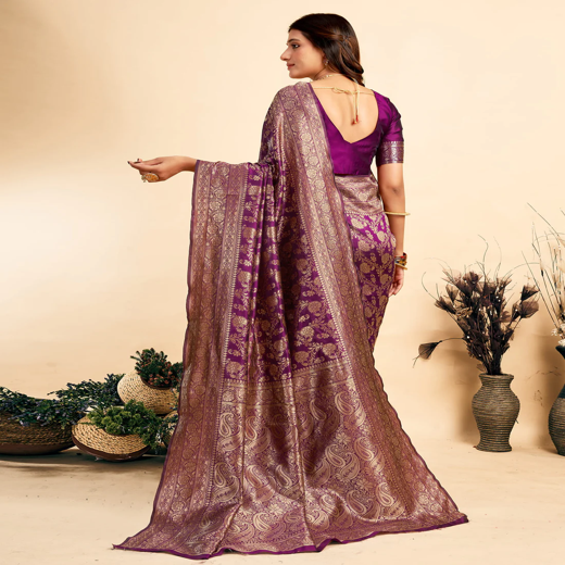 Dark Purple Woven Banarasi Silk Saree - Image 4