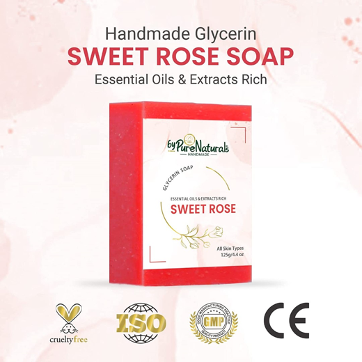 Organic, Mesmerizing, and Natural Glycerin Made Sweet Rose Soap For Men Women Pack of 4 - Image 2