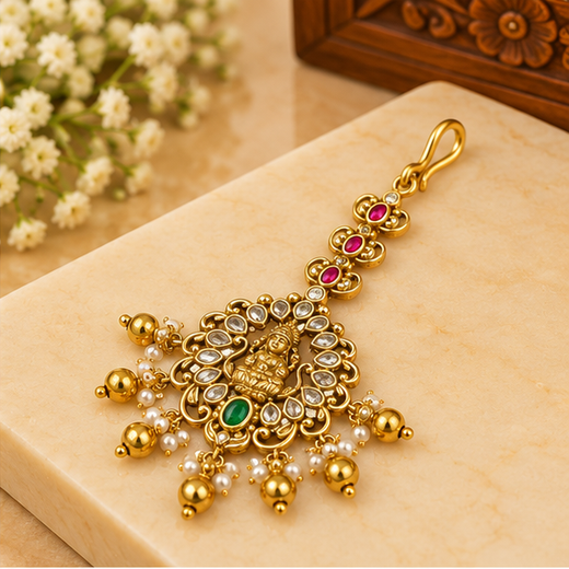 Matte Finishing White Stones With Golden Balls Maang Tikka - Image 2