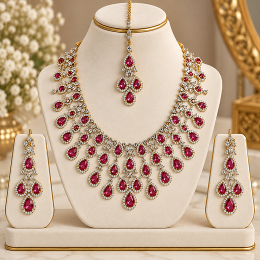 Emerald Red and Cubic Zirconia Bridal Necklace Set with Earrings and Maang Tikka