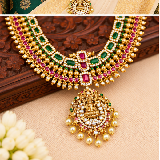 Long Gold Necklace with Pink & Green Stones | Artificial Jewellery - Image 3