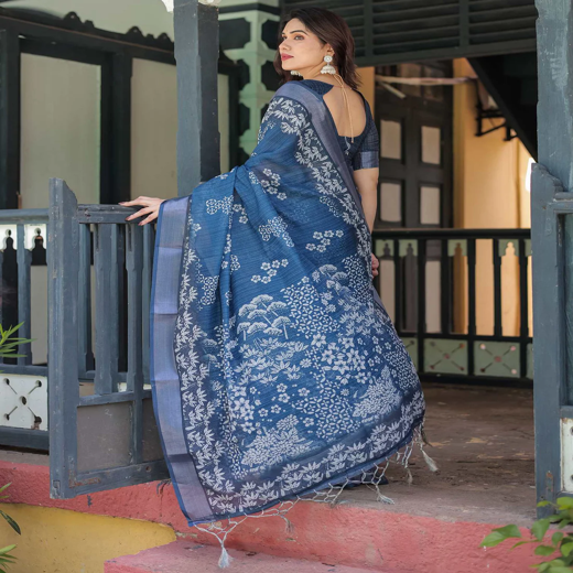 Dark Blue Linen Printed Saree - Image 4