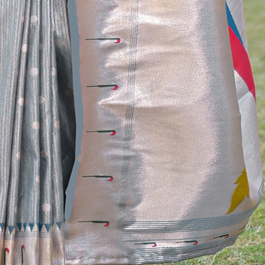 Dusty Blue Silk Woven Paithani Saree - Image 3