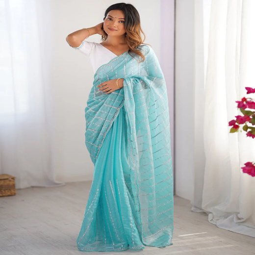 Aqua Blue Shimmer Sequence Embroidery Saree