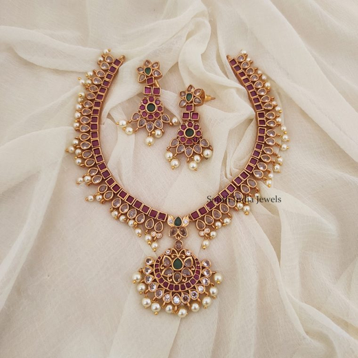 Matte finishing with Pink-stones short necklace - Image 4