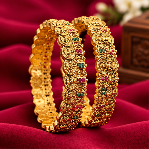 Matte Finish Ruby & Coin Lakshmi Premium Bangle - Set of 2