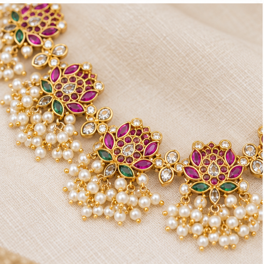 Beautifully designed with Lotus flowers and Guttapusalu clustered pearls Long Haram Necklace - Image 3