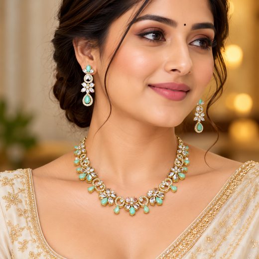 Gold-plated American Diamond Mint-Green Stones Short Necklace - Image 4