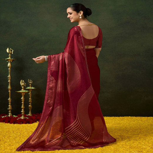Maroon Organza Printed Swarovski Saree - Image 4