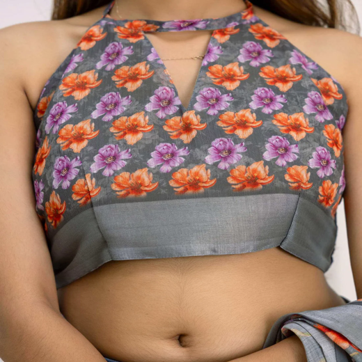 Ready To Wear Grey Linen Printed Saree - Image 2