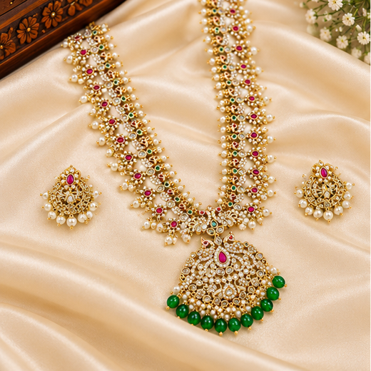 Matte finishing Peacock designed with white pearls Long Necklace - Image 3