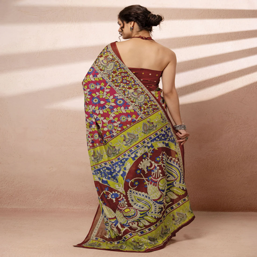 Dark Pink Cotton Printed Kalamkari Saree - Image 4