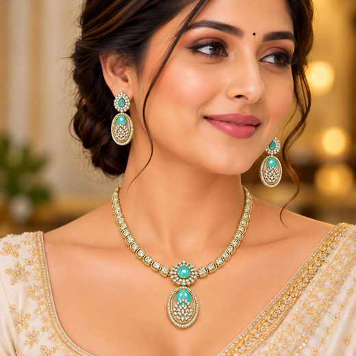Two-tone finish Mint-Green zircon beaded Short Necklace - Image 4