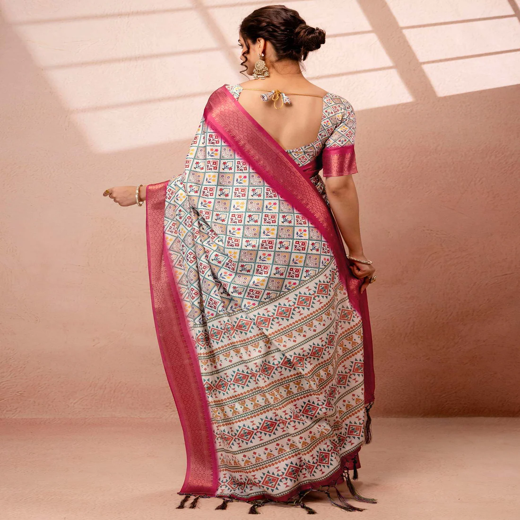 Off White Silk Printed Woven Border Saree - Image 4