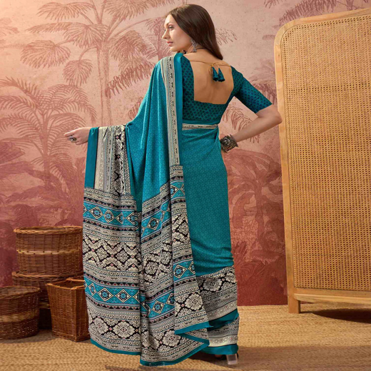 Teal Blue Crepe Silk Printed Saree - Image 4