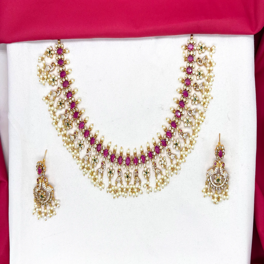 Premium matte finish Peacock design with flower finish Pink Stones Short Necklace - Image 2