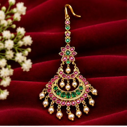 Jadau Kundan Finishing Floral design With Pearls Maang Tikka