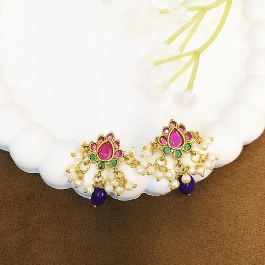 kempu lotus design with Purple Bead Earrings - Image 4