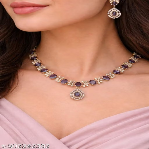 Matte finishing purple American diamonds Short Necklace