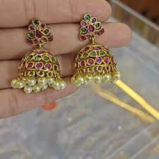 Kemp jhumka ruby, green, and white stones with pearl drops earrings