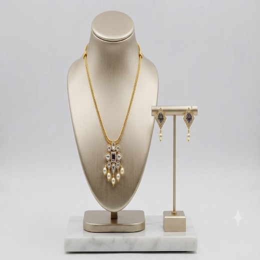 Matte finishing flower design pendent with Purple stone short Necklace - Image 4