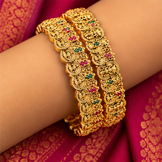 Matte Finish Ruby & Coin Lakshmi Premium Bangle - Set of 2 - Image 4