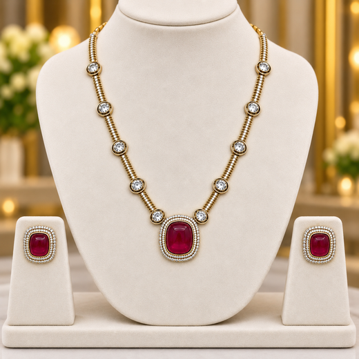 Victorian finishing with American Diamond with Red Stone Short Necklace