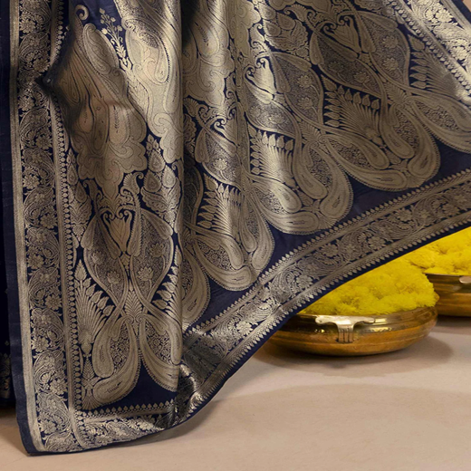 Navy Blue Silk Woven Banarasi Saree - Image 3