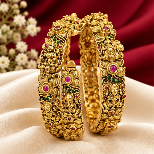Matte Finishing Floral Motifs With Lord Lakshmi Stones Accents