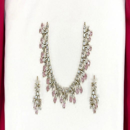Mehndi finishing Leaf Designed Pink-Stones Short Necklace