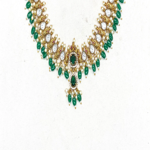 Polki Kundan Green Beads With Pearls drop Short Necklace - Image 3