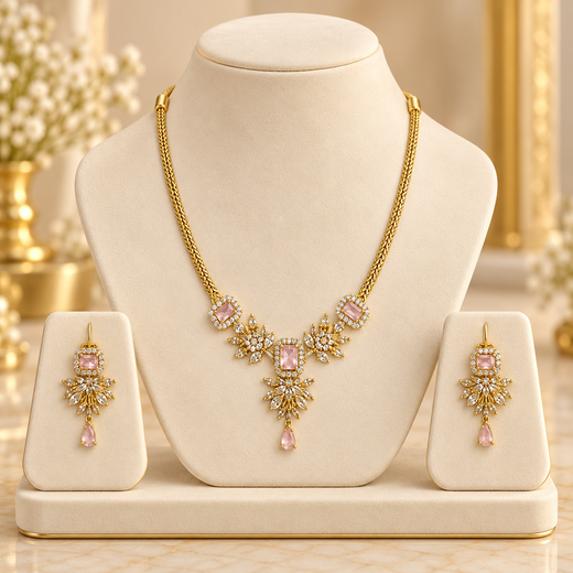 American Diamond Zirconia Pink Studded Floral Short Necklace