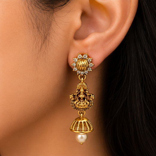 Matte finishing Lord Lakshmi with (Jhumka) white pearl drop Earring - Image 4
