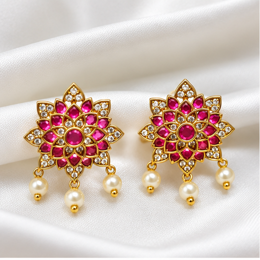 Gold-tone pink-white jadau kundan lotus earring
