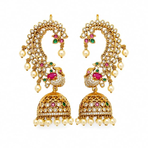 Glamorous Peacock Mango Floral Cuff Jhumka Earrings - Image 4